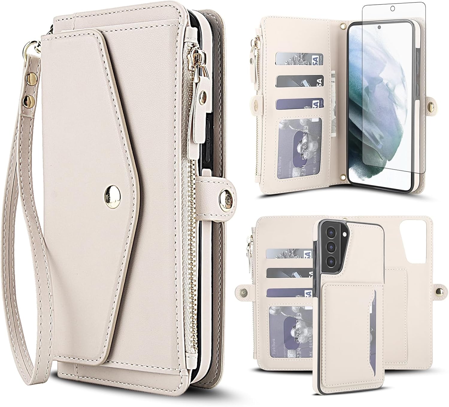 Phone Case for Samsung Galaxy S21 Plus S21+ 5G Wallet Cover Compatible with Magsafe RFID Screen Protector Crossbody Lanyard Strap Flip Card Holder Slot S21+5G S21plus 21S + S 21 21+ G5 Off White