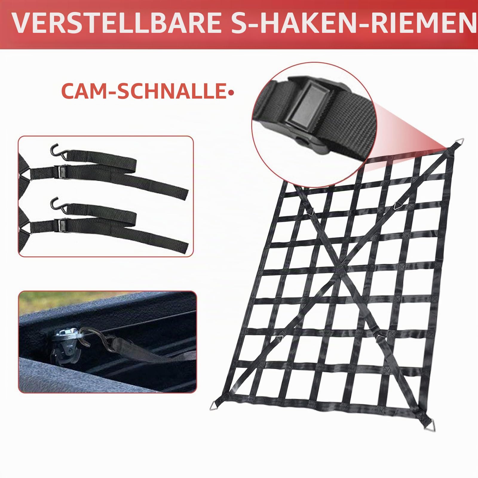 Gepäcknetz für LKW Pickup 167 * 127cm Ladeflächenetz Schwerlast Auto Anhängernetz, Heber Netz, Nylongurtband Heckklappennetz für Ladeboden Ladungssicherung mit verstellbaren Schnallengurten
