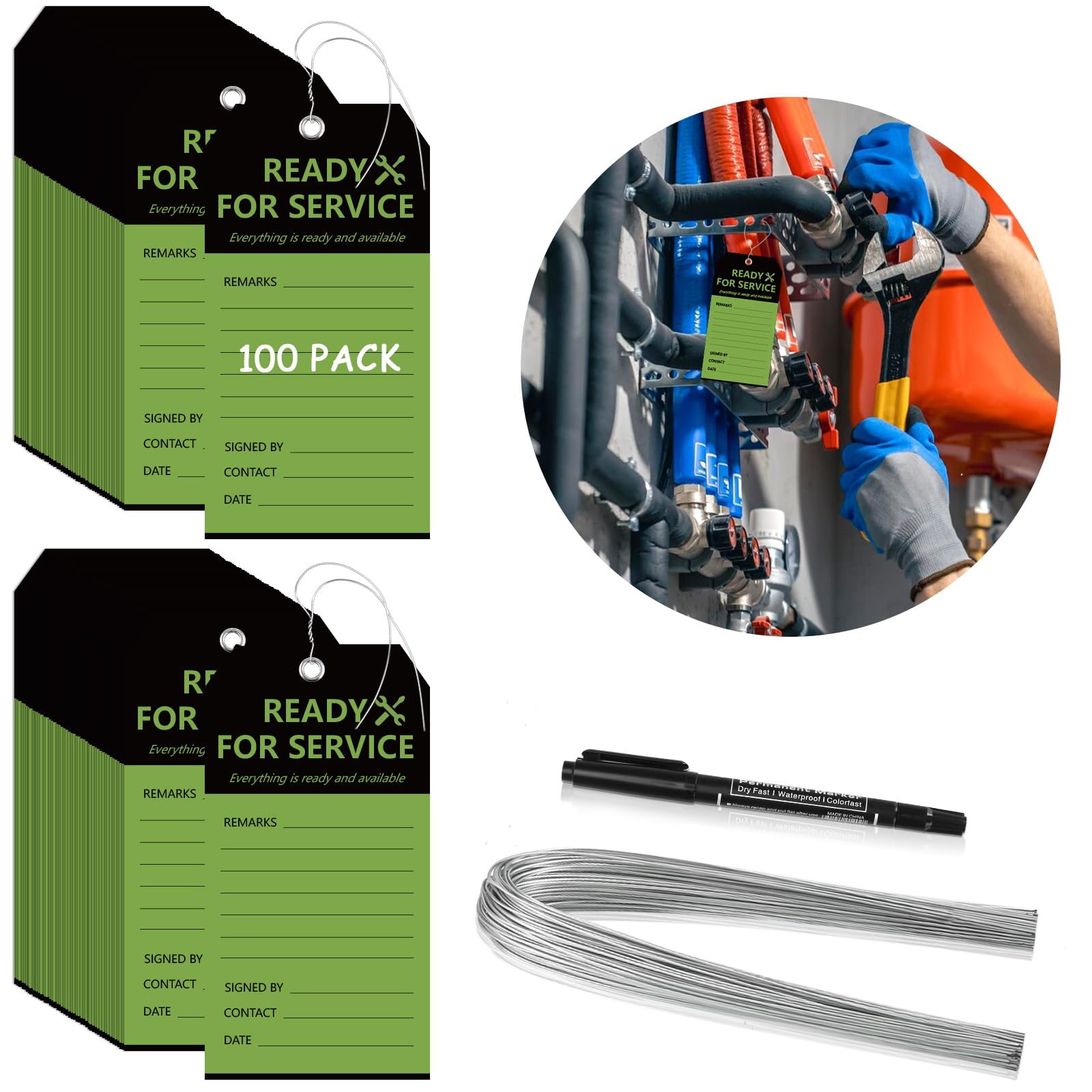 100PCS Ready for Service Tags 3" x 5 3/4" Service Repair Tags with Wire Service Tags for Equipment Black and Green Service Tags for Required