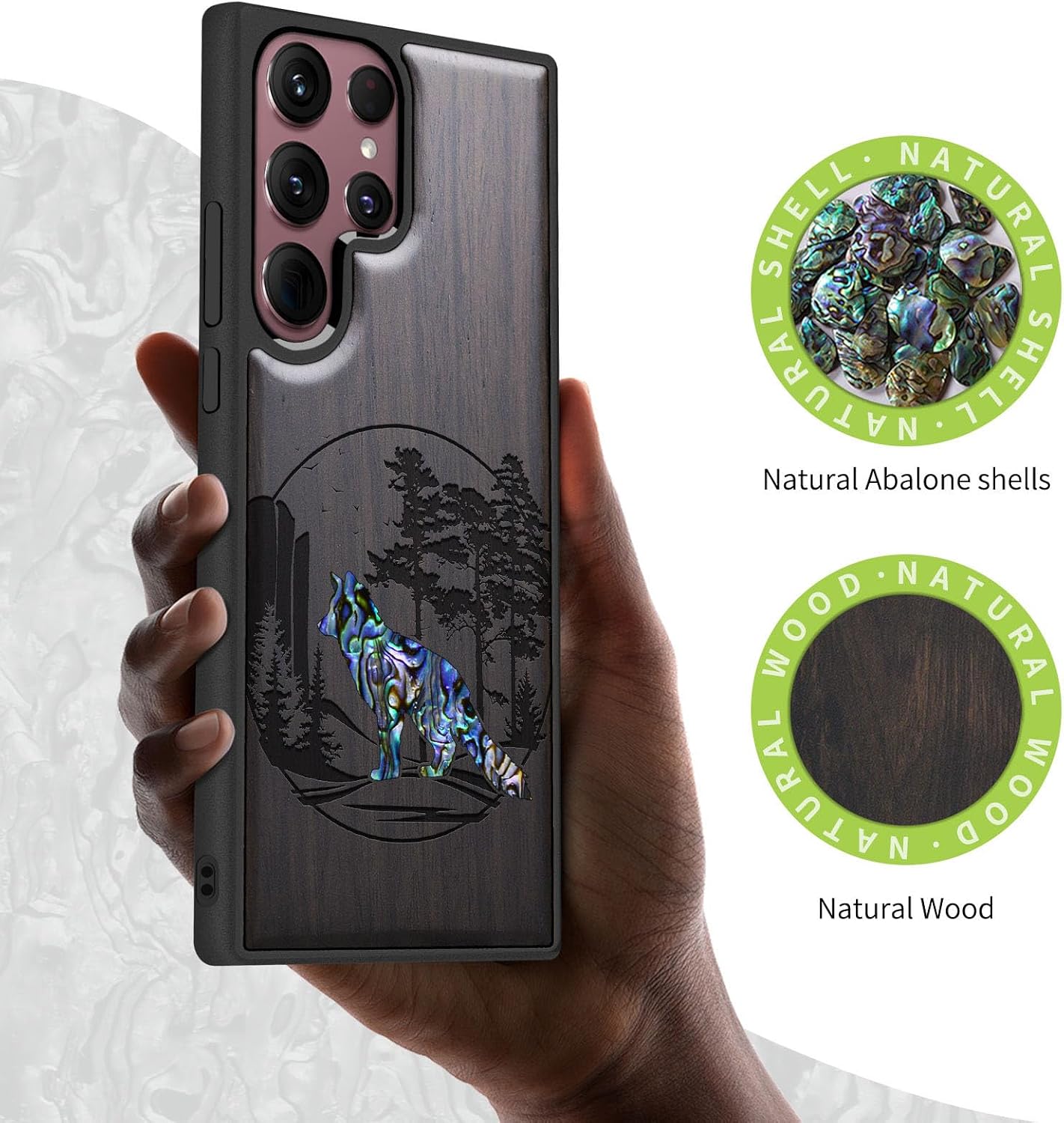 Carveit Designer Wooden Case for Samsung Galaxy S22 Ultra Case Cover [Wood Engraving & Shell Inlay] Compatible with Wireless Chargers Galaxy S22 Ultra Case (Fox and Woods-Blackwood)
