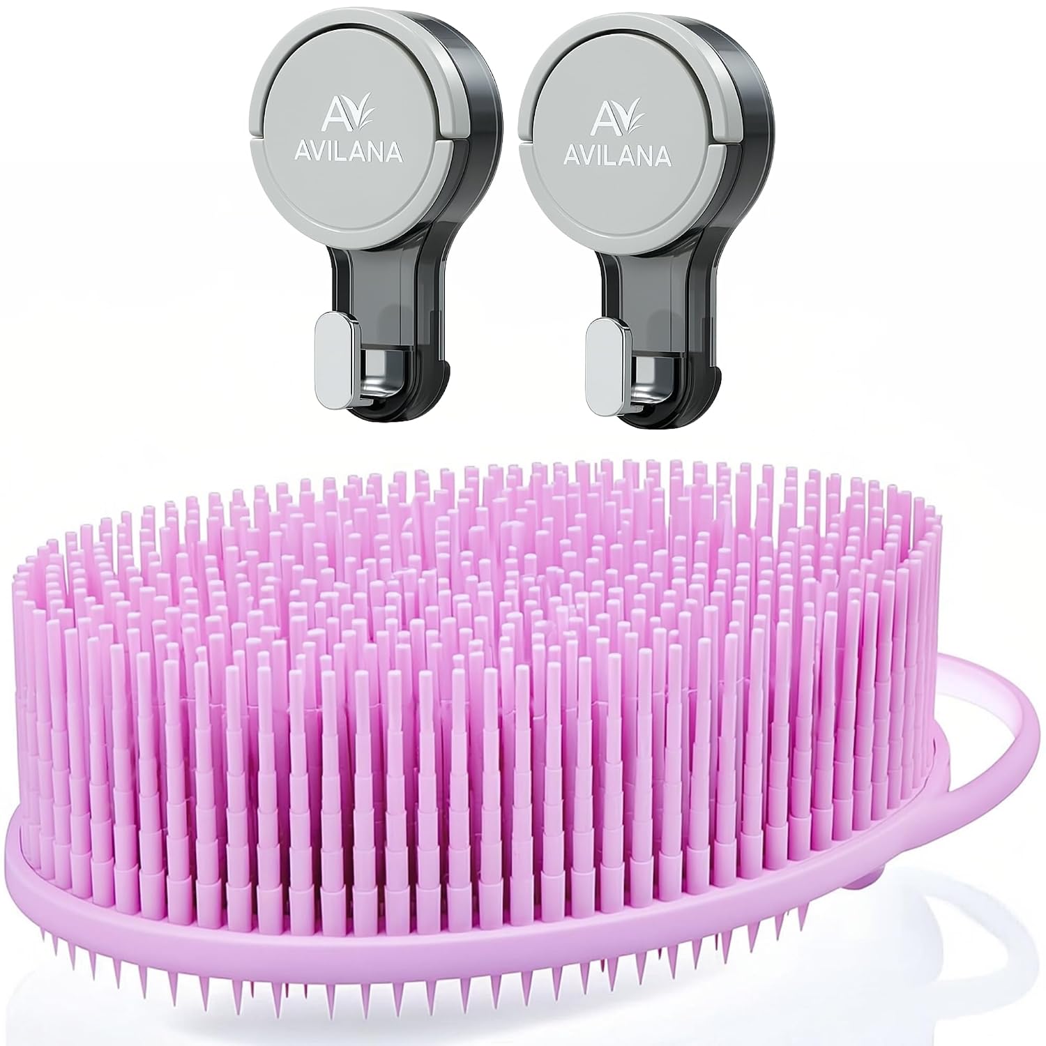 Avilana Exfoliate Silicone Body Scrubber (Pink)+ Suction Hook (2-Pack) – Gentle Exfoliation, Fast-Drying, BPA-Free Shower Brush & Loofah Alternative – No-Drill Storage Solution