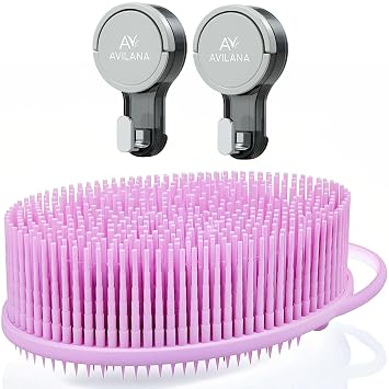 Avilana Exfoliate Silicone Body Scrubber Pink+ Suction Hook 2-Pack Gentle Exfoliation, Fast-Drying, BPA-Free Shower Brush & Loofah Alternative No-Drill Storage Solution