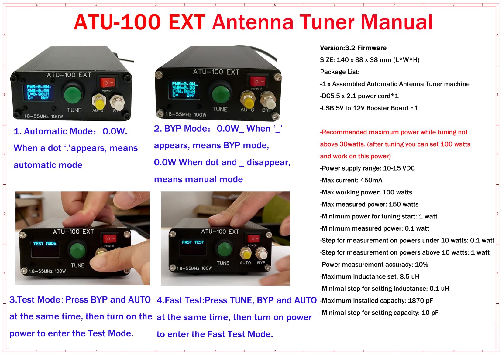 MALAHIT ATU-100 EXT Sintonizzatore antenna 1.8-50MHz atu100 by N7DDC 7x7 0.96 pollici OLED 3.2 Firmware programmato con alloggiamento assemblato macchina con cavo USB (senza batteria)
