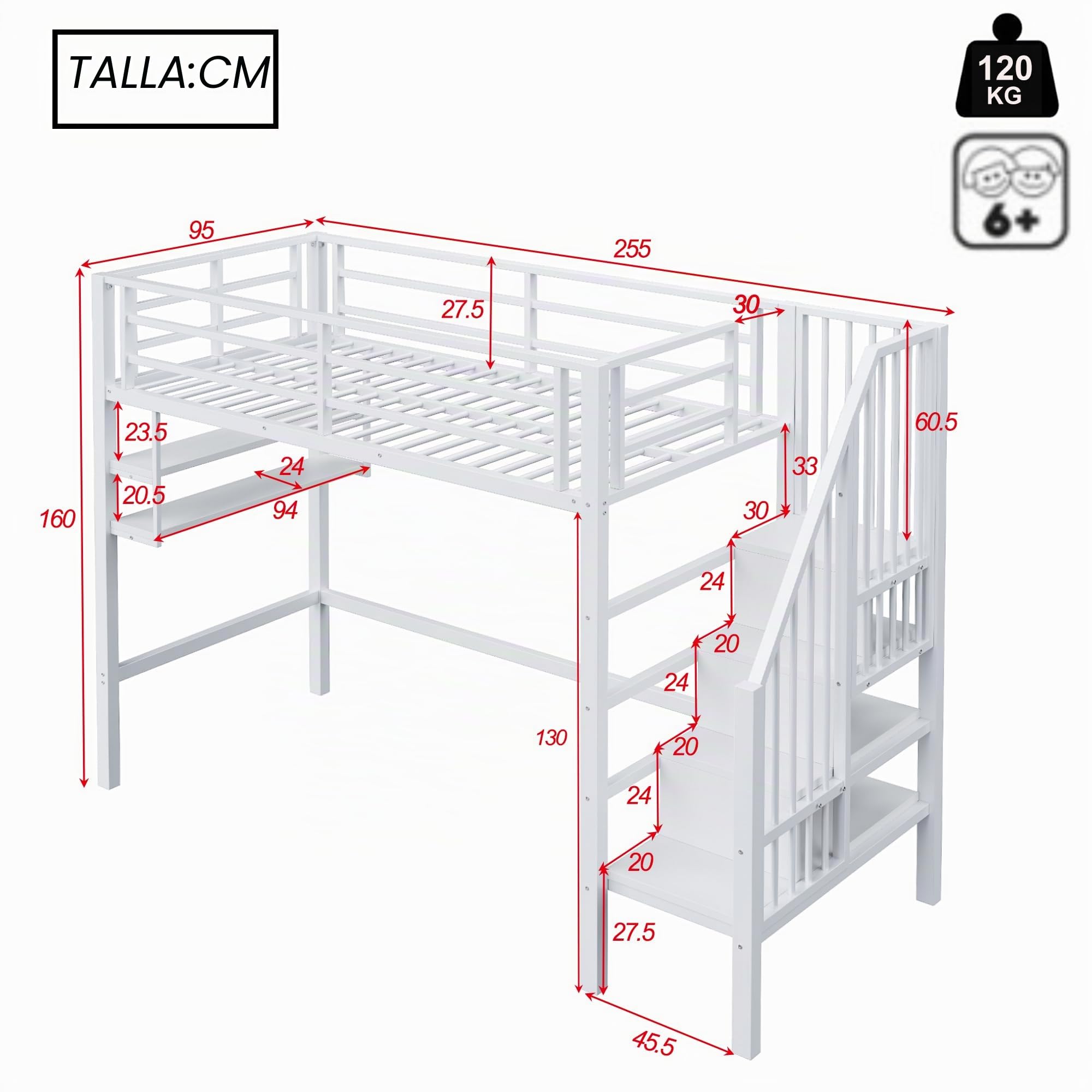 Moimhear Cama alta, 90 x 200 cm, cama de hierro, estantes, escalera de almacenamiento, espacio libre debajo de la cama para disfrazarse, barandilla, sin colchón (blanco)