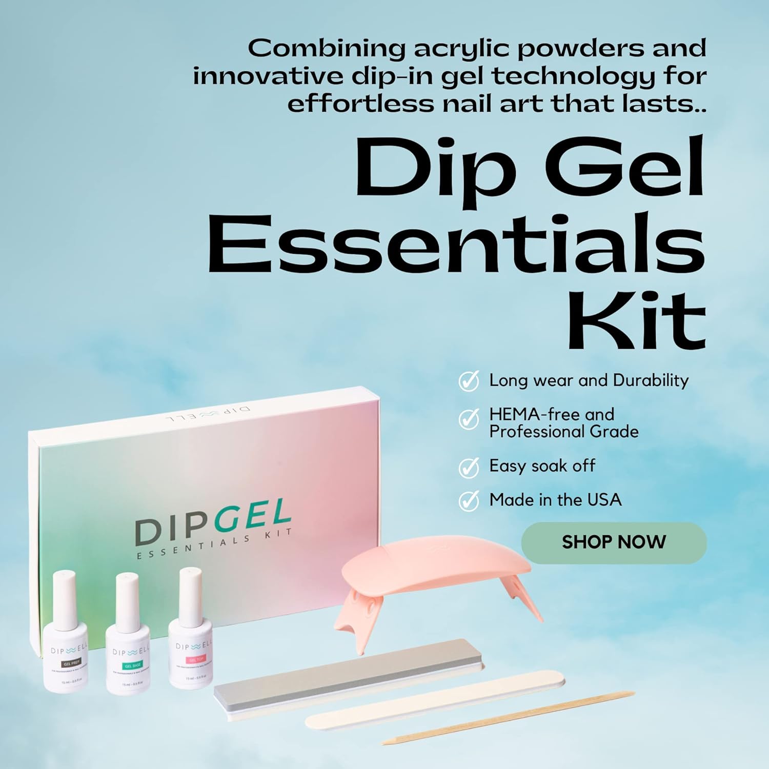 DipGel Essentials Kit, Acrylic Powder and Dip Gel Resin Kit, Starter System by DipWell (Comes With Priming Gel Prep, Self-leveling Gel Base, Non-tacky Gel Top + UV/LED Lamp) Professional Grade