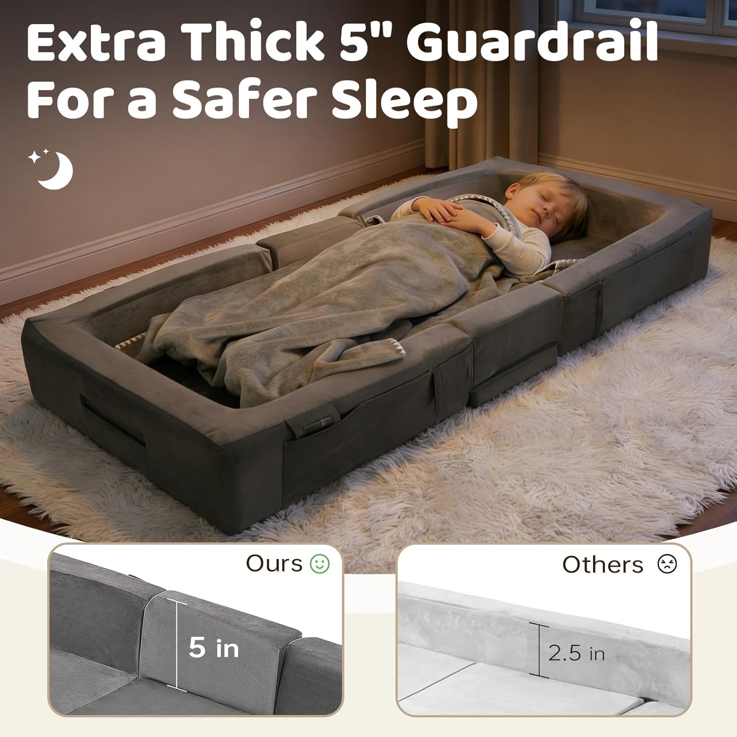 ENITYA Toddler Travel Bed – Portable Foldable Soft Foam Floor Bed for Kids 1–4yr, No Assembly, Washable Cover, Built-in Safety Rails, Compact for Travel & Home Use, Light Grey