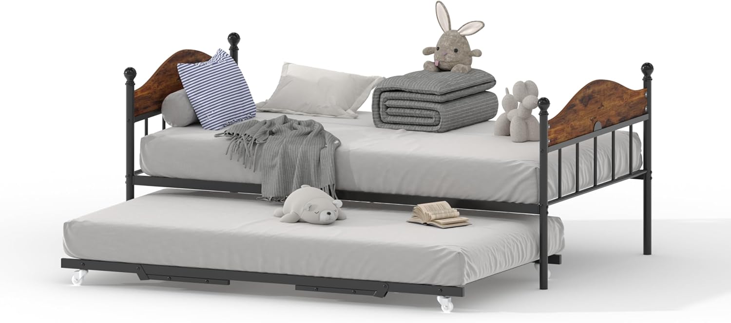 IDEALHOUSE Daybed with Trundle, Metal Twin Size Day Bed with Stylish Headboard, Sofa Bed Frame with Pop Up Foldable Trundle Bed, Heavy Duty Steel Slats Platform for Living Room, Bedroom, Rustic Brown