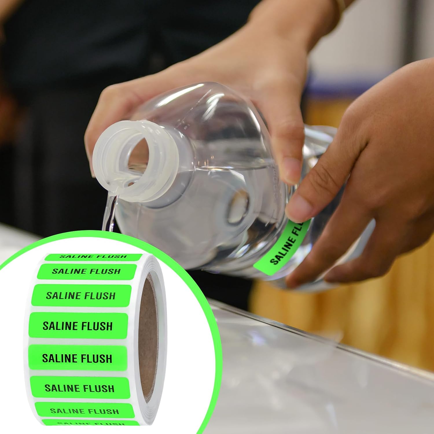 760 PCS Saline Flush Labels - 1-1/4" x 5/16" Permanent Paper Saline Flush Stickers, Fluorescent Green