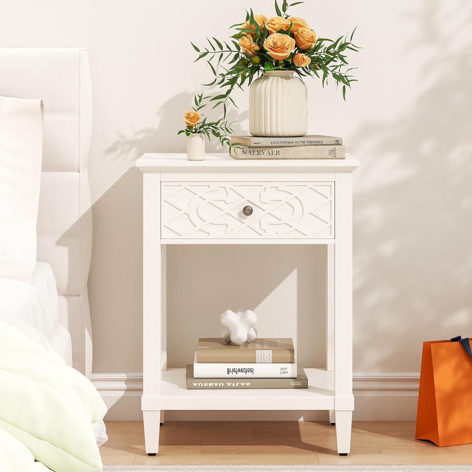 karlott 26" Tall Farmhouse Night Stand with Pre-Assembled Drawers, Painted Bedside Table, Pine Leg and Solid Wood Frame Nightstand, Side Table End Table for Bedroom, Carved Pattern, Pure White