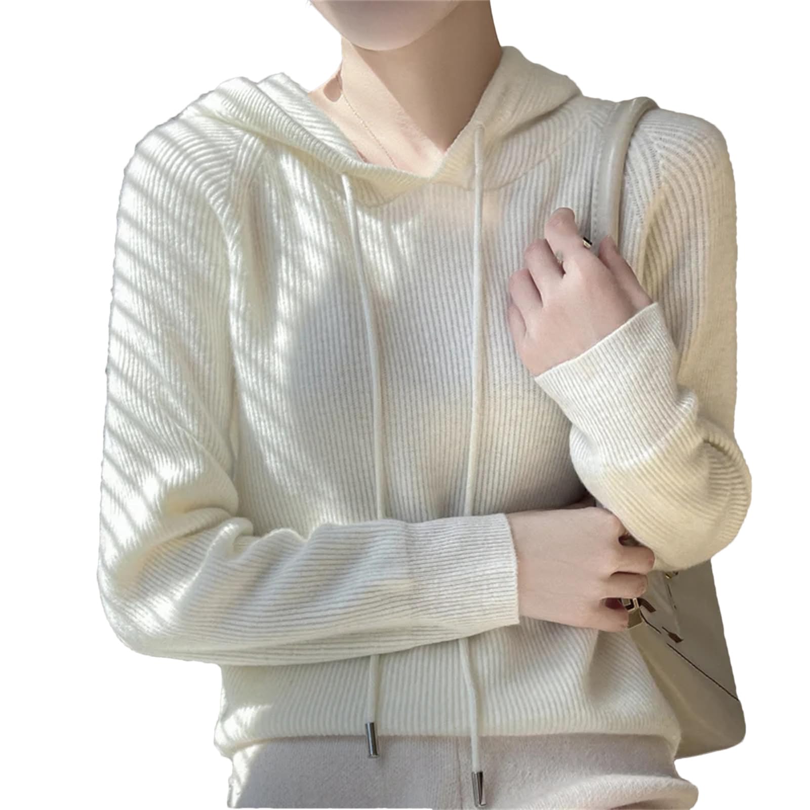Maglione da donna in cashmere con cappuccio in maglia con cappuccio primaverile con colletto con cappuccio camicia base top allentato giacca da donna bianca, bianco, L