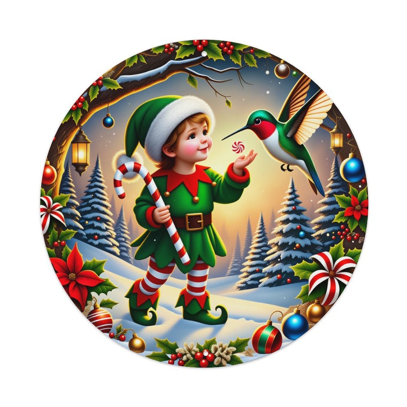 Elf Hummingbird Candy Winter Forest Round Tin Sign Vintage Style Metal Sign Home Bar Garden Wall Plaque Decor Metal Poster 8x8 Inch