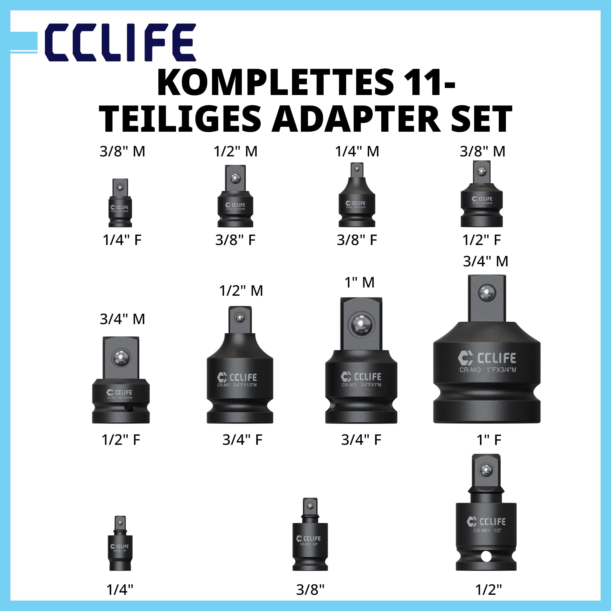 CCLIFE 11-częściowy zestaw adapterów do kluczy nasadowych Impact Cr-Mo ze stali | reduktorki 1/4", 3/8", 1/2", 3/4" do 1", uniwersalny przegub do wkrętarki udarowej, samochodów osobowych, ciężarowych