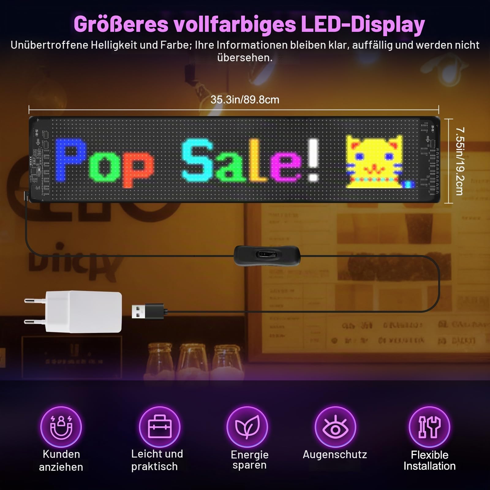 19 * 90Cm Flexibler LED Anzeigetafel, Programmierbare RGB-Laufschrift per Bluetooth Smart App, Devil Eyes Augen für Auto，Personalisiert für Bar, Werbung, Restaurant, Store, Party Dekoration
