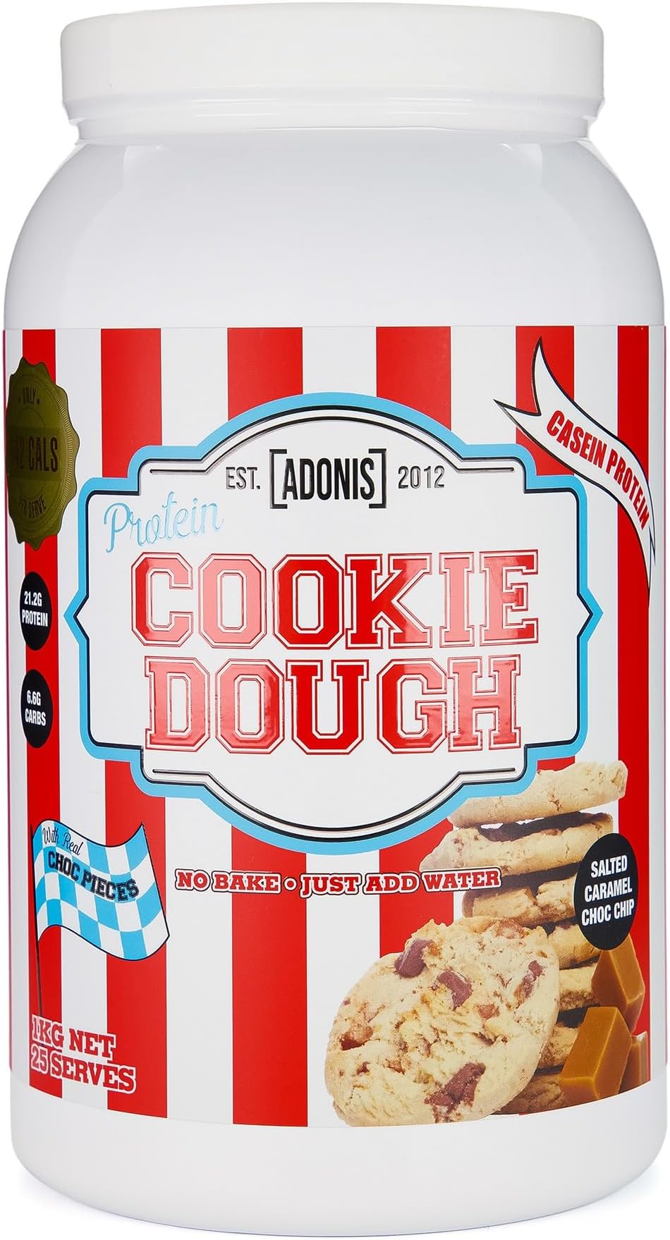 Adonis Protein Cookie Dough - Salted Caramel Choc Chip (1Kg): High Protein, Low Carb, Gluten-Free, Halal Certified Dessert with 21.5g Casein Protein per Serving, Only 143 Calories