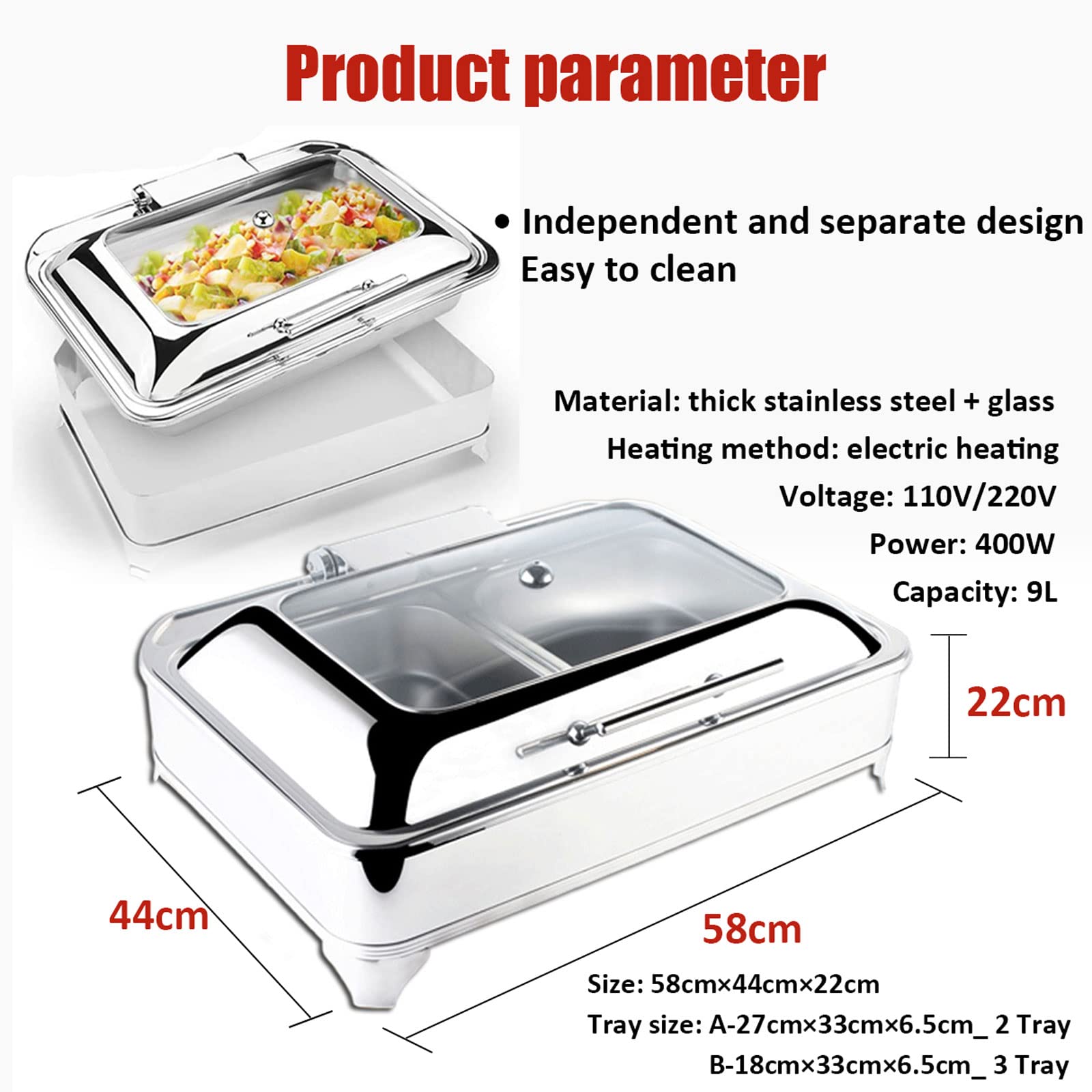 Scaldavivande Elettrico Professionale, Scaldavivande Elettrico Acciaio Inox Contenitore Scalda Cibo per Buffet Hotel Feste, Coperchio Visibile+Temperatura Regolabile, Facile da Pulire, 9L