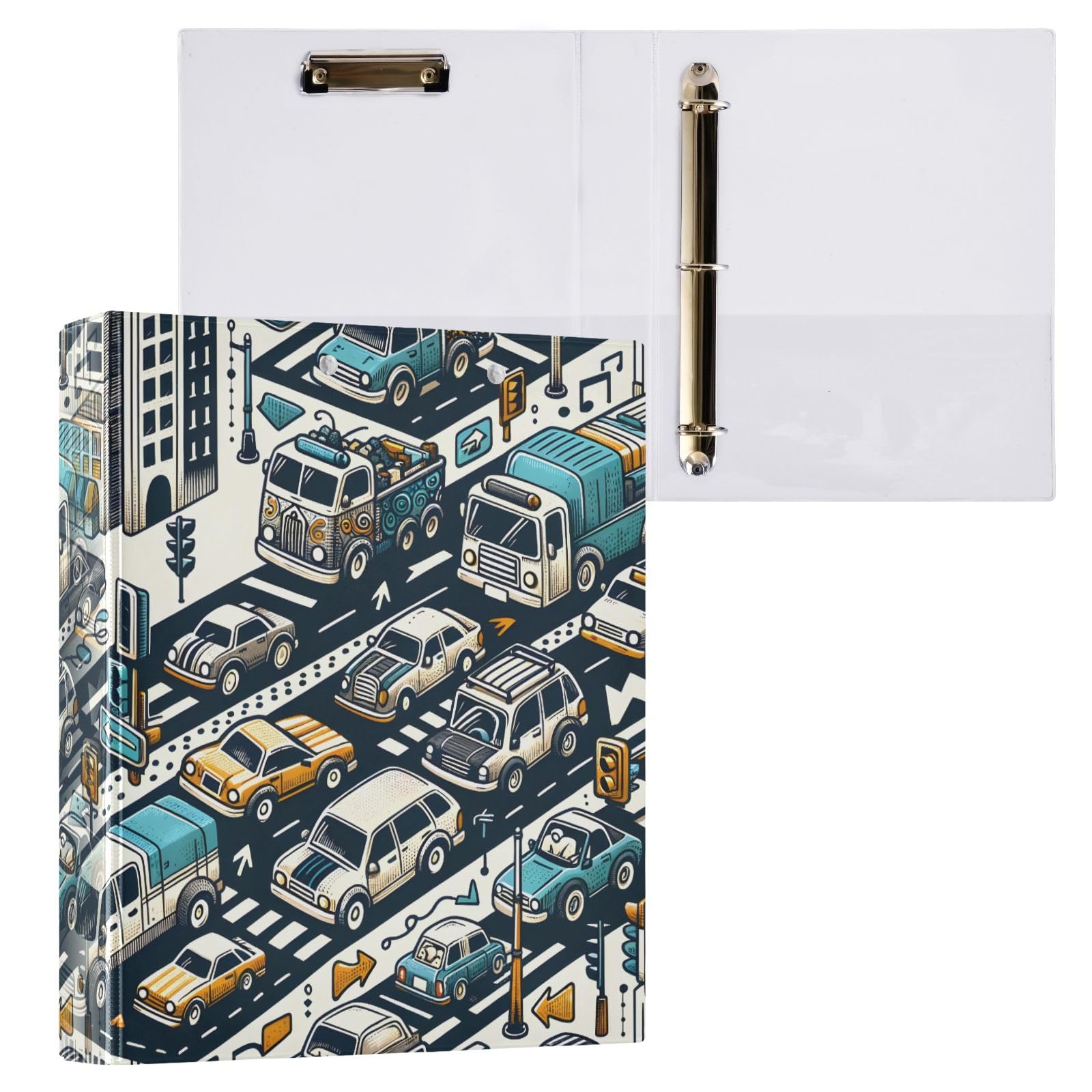 Raccoglitore a 3 anelli disegnato a mano con auto 3,8 cm, anelli rotondi per 200 fogli, raccoglitori a 3 anelli con clip in metallo antiscivolo
