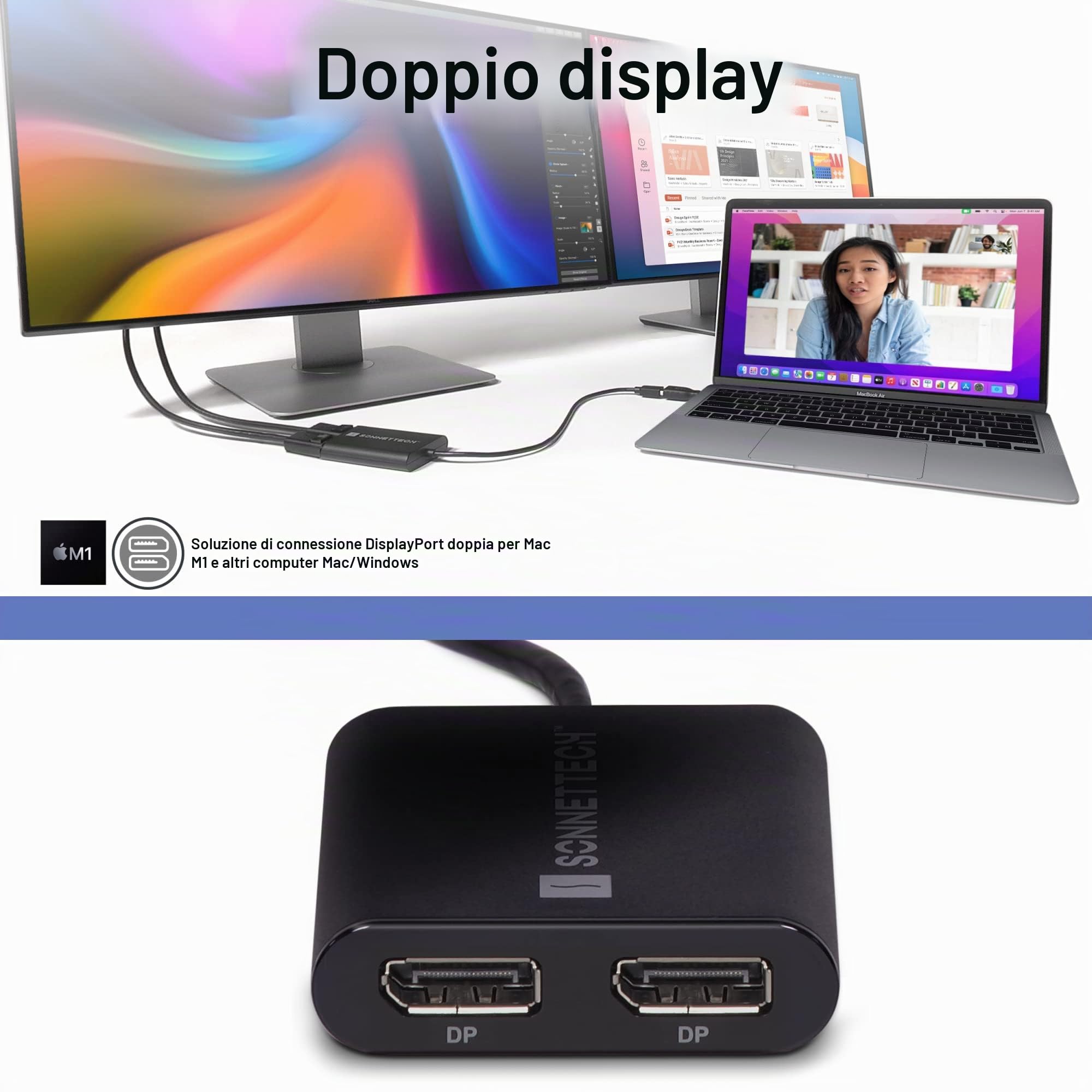 SoNNeT DisplayLink - Adattatore DisplayPort Dual 4K per Mac M1, M2 e M3 Thunderbolt - USB3-DDP4K