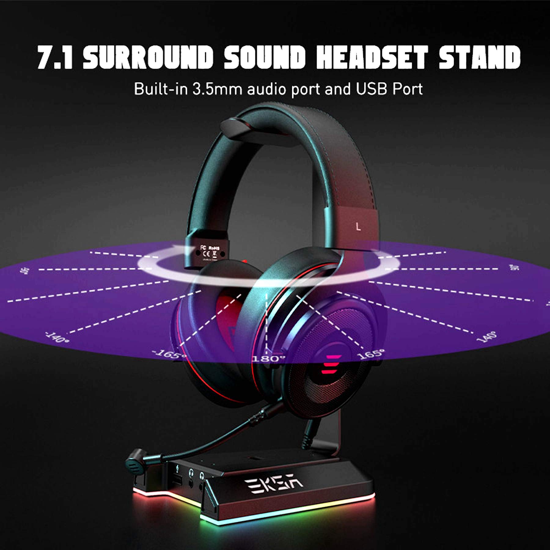 EKSA Porta Cuffie Gaming Accessori RGB, Supporto Cuffie Gaming con Caricatore USB Audio Surround 7.1 e porta da 3,5 mm Adatta, Stand Cuffie Reggi Cuffie da Scrivania PC Gamer, Accessori Gaming