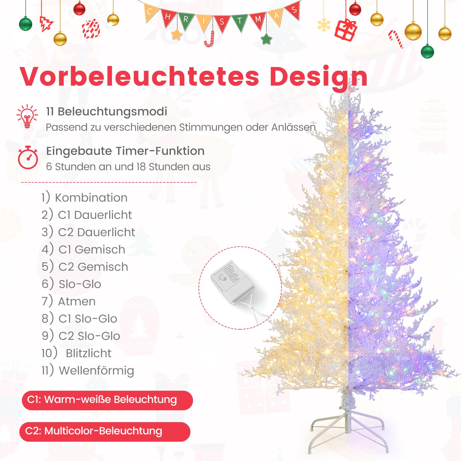 COSTWAY 180 cm Weihnachtsbaum Künstlich mit Beleuchtung, Tannenbaum mit Schnee, 11 Lichtmodi, 2 Lichtfarben, beleuchteter Christbaum mit 300 LEDs & Metallständer, für Zuhause Büro Geschäfte, Weiß