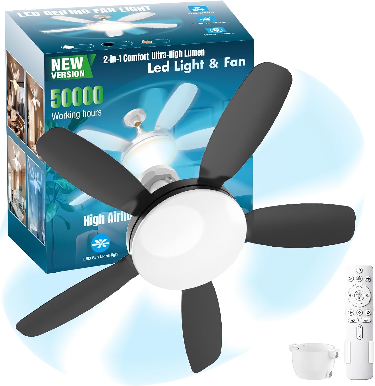 32" Socket Fan Light with Remote, Super Bright 3000 Lumens Screw in Ceiling Fan with Light, Reversible Motor & Memory Function, Dimmable 3000K-6500K E26 Light Bulb Fan for Garage Bedroom Kitchen