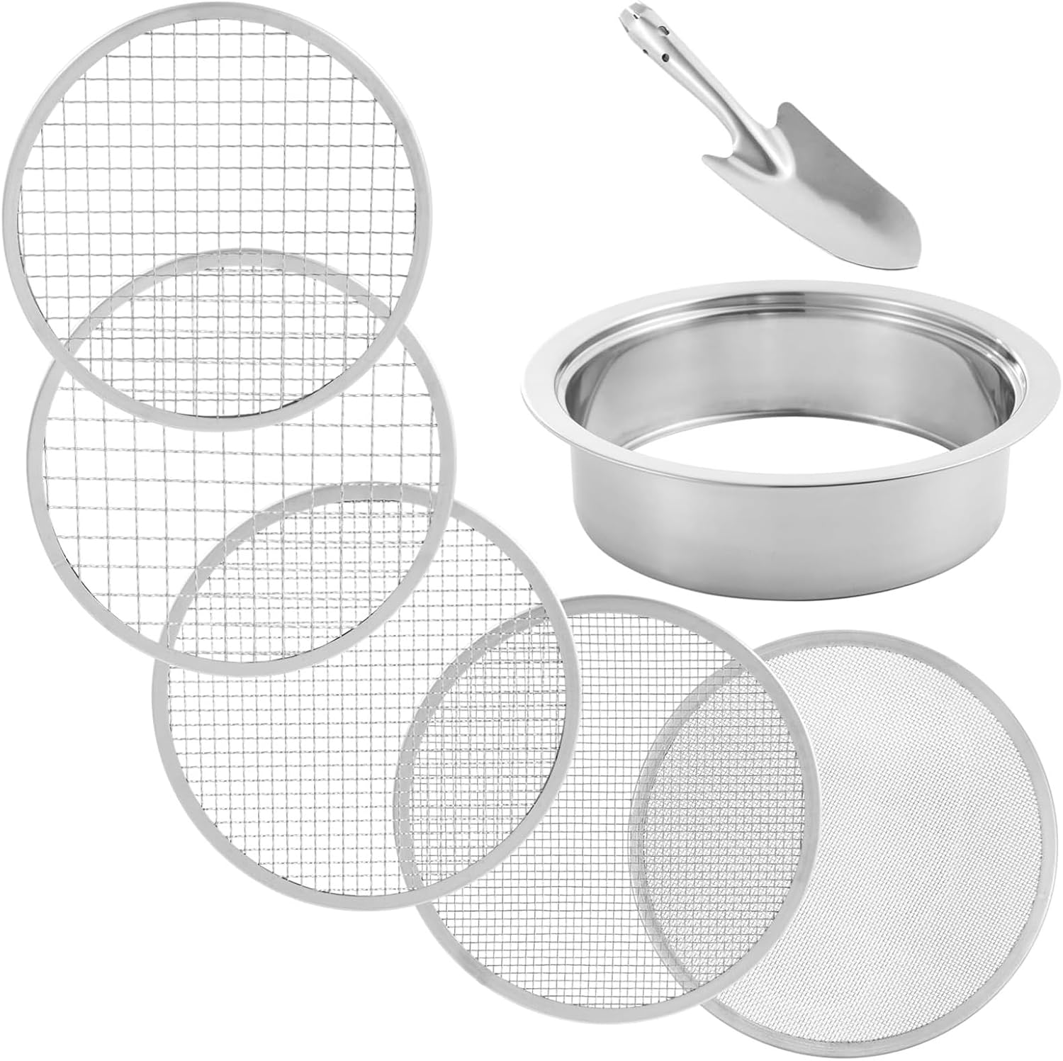 Soil Sifter | Stainless Steel Sand Sifter Soil Sieve, 5 Replaceable Mesh Screens | 1/3/6/9/12mm Garden Potting Sieve with Shovel, Stackable Sifting Pan