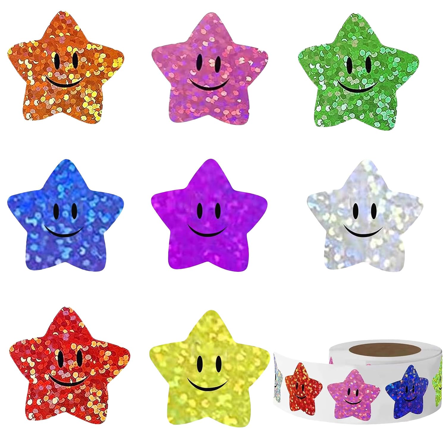 Elvenjoy Multicolor 500 Pcs Smiling Stars Stickers, Self Adhesive Holographic Star Stickers, 2.5 Cm Small Star Stickers Roll Shiny Reward Stickers, Waterproof Universe Space Stickers For Kids Teachers