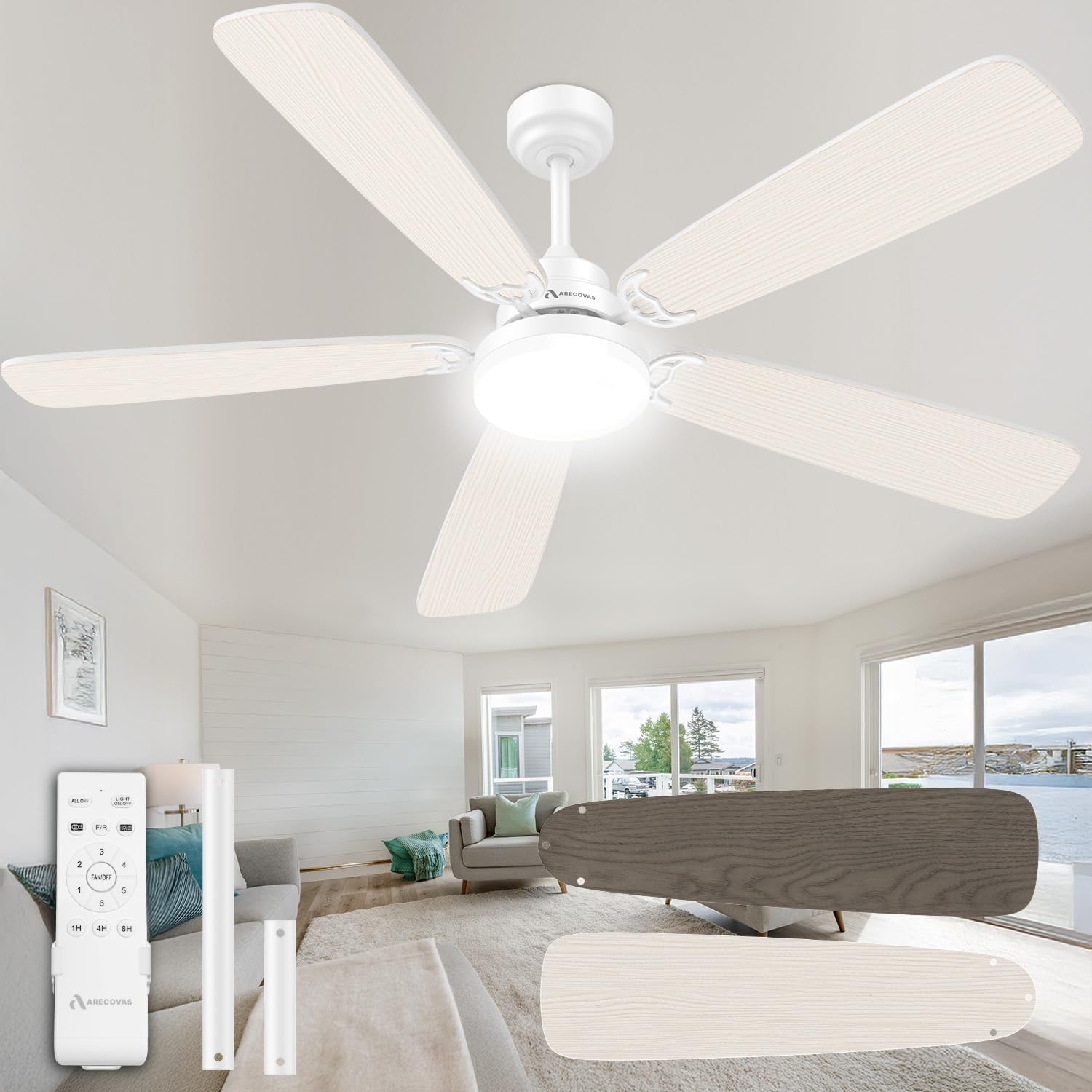 Ceiling Fans with Lights and Remote, 52 Inch Modern Ceiling Fan with Light, Downrod & Flush Mount, Quiet DC Motor, Dual Finish 5 Blades Ceiling Fan for Bedroom Living Room Farmhouse Indoor White and Lighter Wood Blades 52 Inch Ceiling Fan
