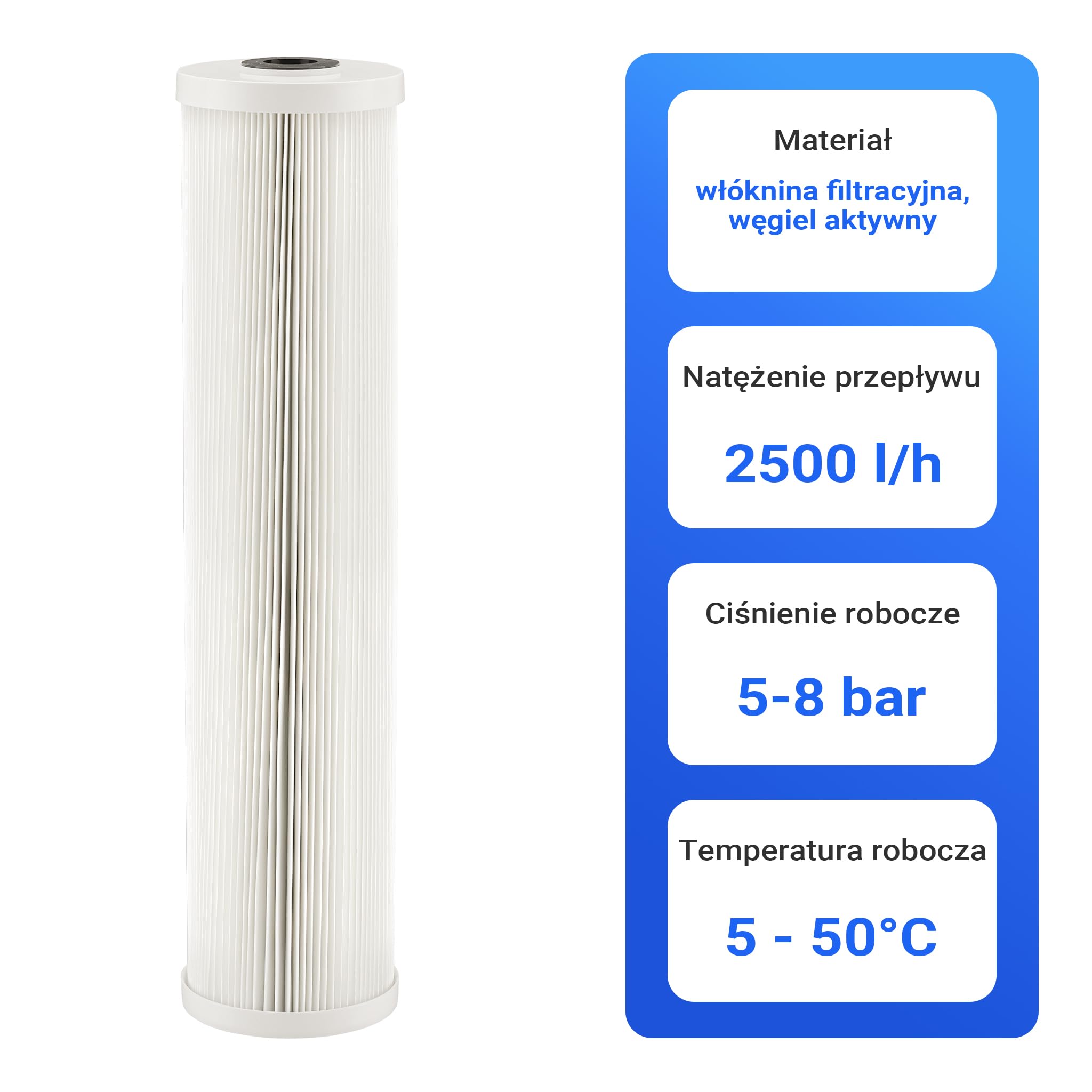 Naturewater Wkład filtracyjny plisowany 20", wkład do uzdatniania wody pitnej, skuteczna filtracja wody w domu, filtr do wody kranowej
