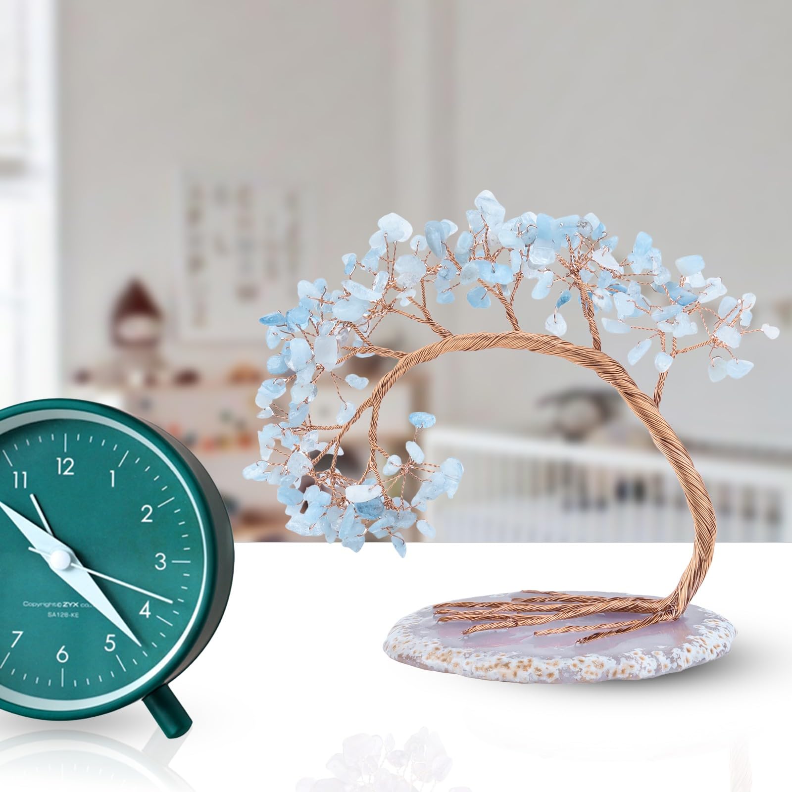KYEYGWO Aquamarine Crystal Money Tree FengShui Bonsai Figurines with Agate Slices Base - Image 4