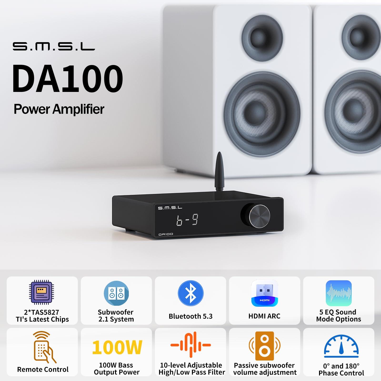 SMSL DA100 Amplificatore di potenza 100W TI TAS5827 *2 Amp di Classe D Subwoofer 2.1 passa-alto/basso Bluetooth5.3 Controllo elettronico del Volume Amp Stereo BT/USB/HDMI(ARC)/Ottico/Ingresso di linea