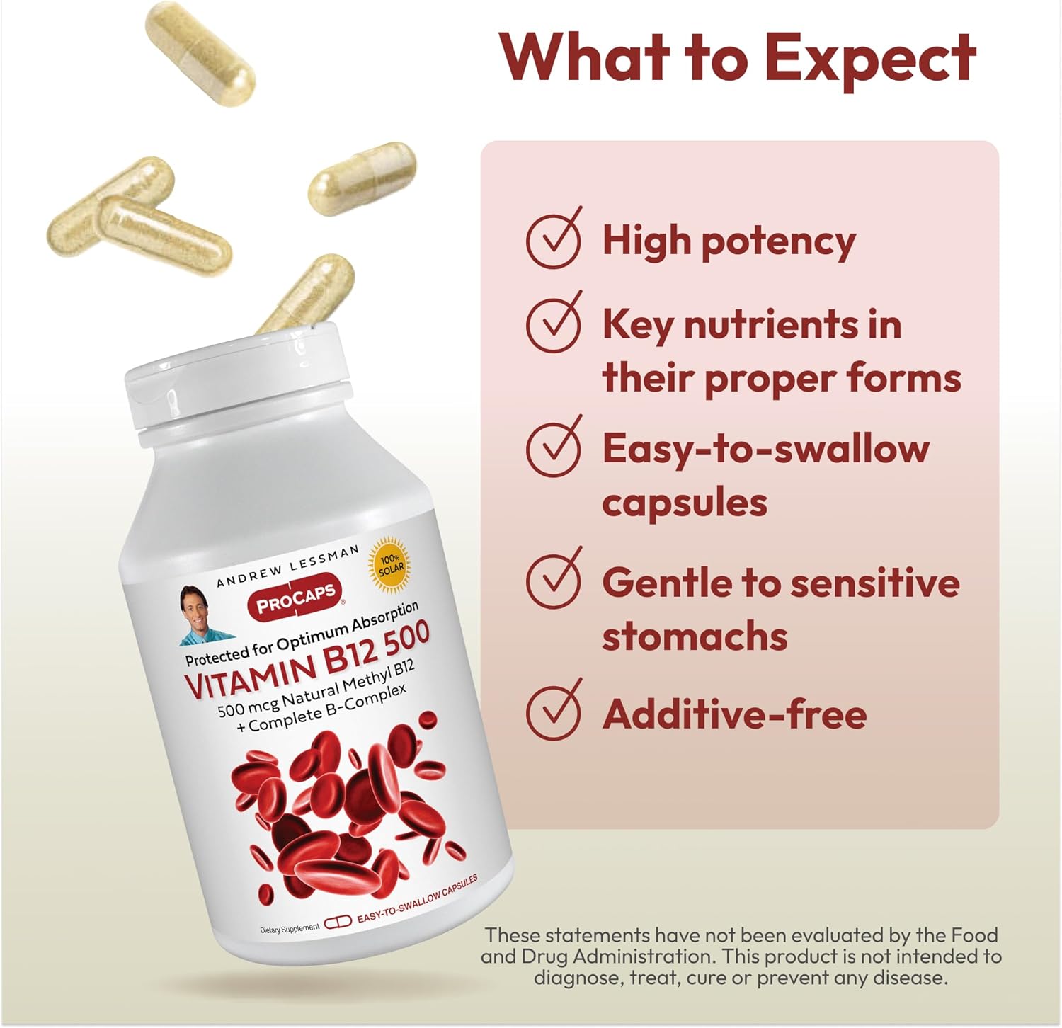 ANDREW LESSMAN Vitamin B12 500 60 Capsules - Absorption-Protected Methylcobalamin (Natural Coenzyme Vitamin B12), Essential for Energy and Stress Support, Plus B-Complex, Easy to Swallow Capsules - Image 4