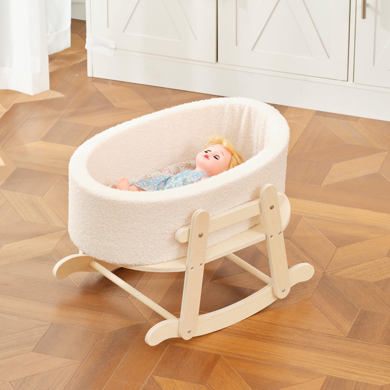 Cuna de madera para muñeca de bebé, juguetes para gatos y perros, moisés de madera para muñecas de hasta 16 pulgadas, accesorios de muñeca con colchón y moisés, regalo para niños y niñas 2