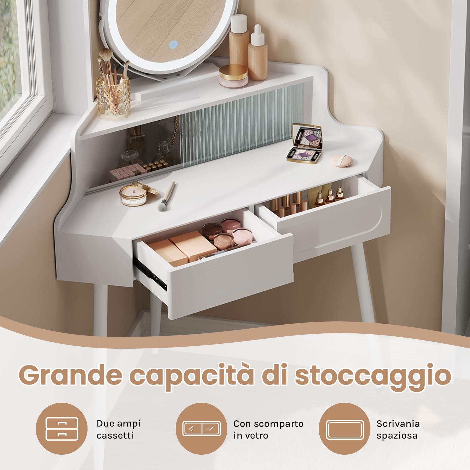 WOLTU Toeletta ad Angolo con Luce, Specchio Dimmerabile, Tavolo da Toilette, 2 Cassetti, 1 Ripiano con Divisorio in Vetro, Tavolino Salvaspazio, Gambe in Metallo, Bianco