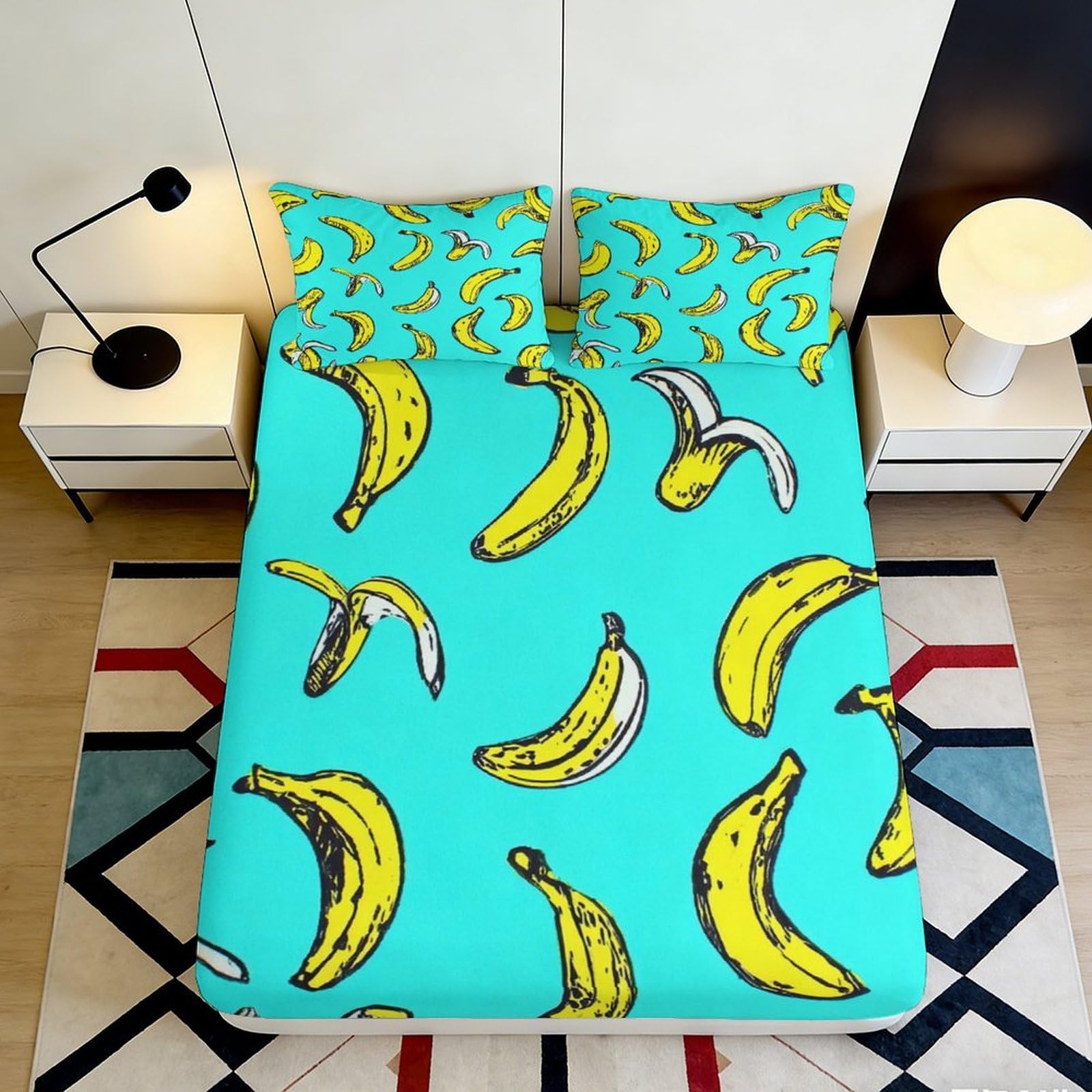 3D Printed Banana Cartoon Fitted Sheet Microfiber Vibrant Blue Bedroom Decor Mattress Cover for Home Guest Room 90x200x25cm