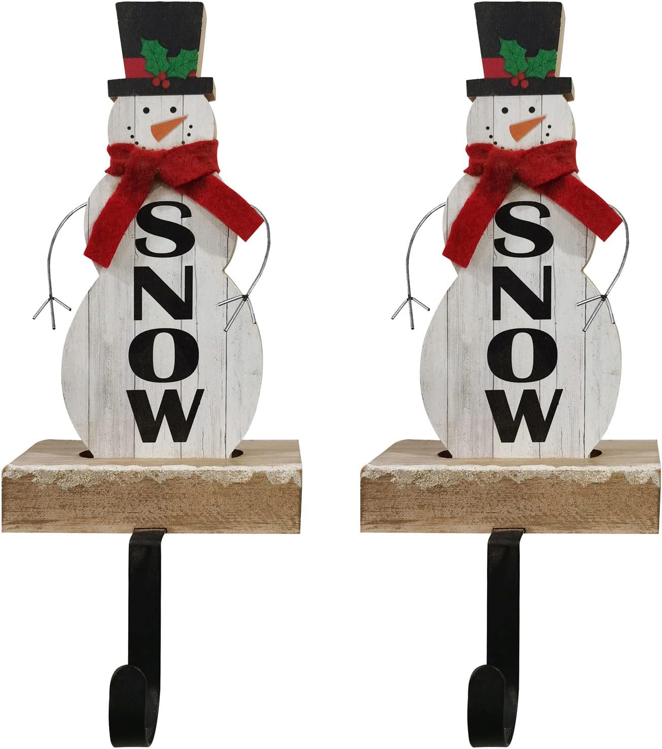 2pcs Christmas Stocking Holder Snowman Tabletop Decor,Wood Snowmen Christmas Stocking Hanger for Fireplace Mantel Decoraive Metal Hook for Hanging Stockings Ornament Xmas Home Holdiay Party Decoration