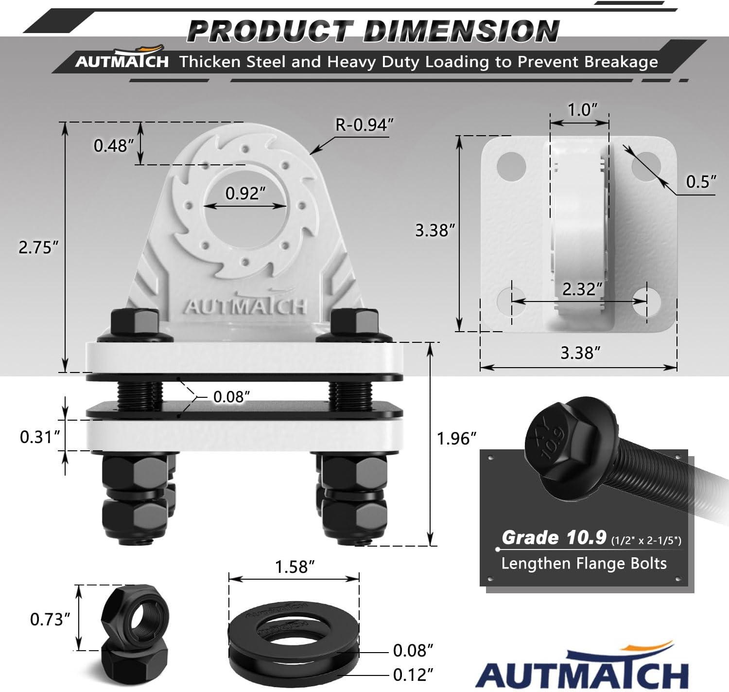 AUTMATCH D Ring Shackle Mount (2 Pack) - 52,910 lbs (24T) Break Strength - Bolt On Bumper Clevis Mount Point & Backer Plate, Off-Road Recovery Shackle Bracket for Jeep, Truck, Trailer, Bucket, White