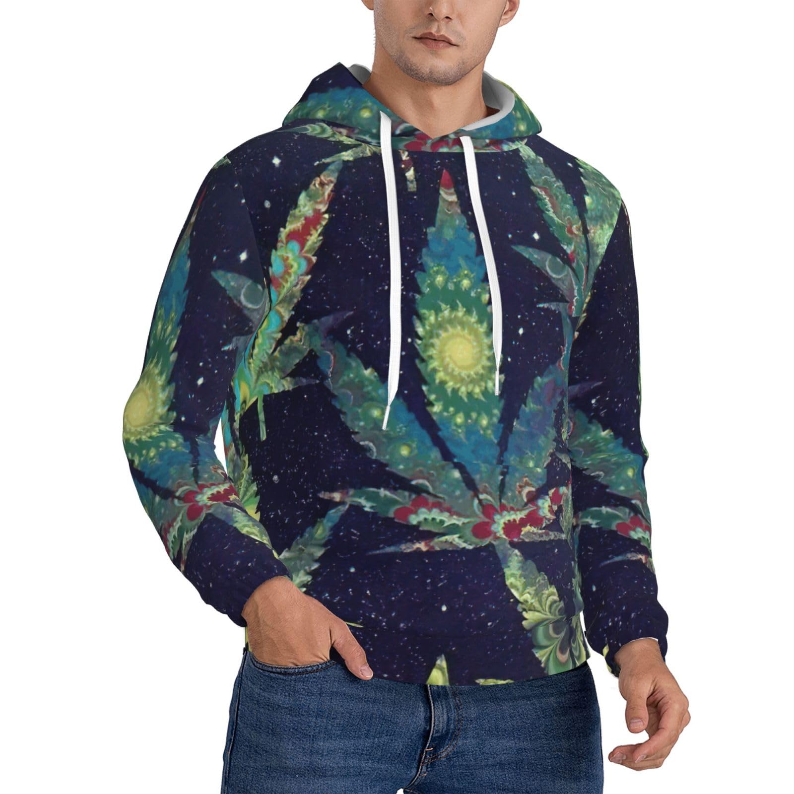 Jejea Men's Black A Puff In Time Weed Marijuana Print Hooded Sweatshirt, Drawstring Hoodies Pullover, Long Sleeve Pullover, For Daily Wear