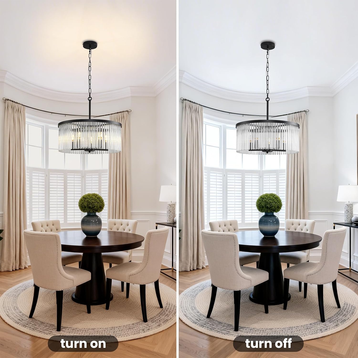 Drum Glass Chandelier, 5-Light Black Round Glass Chandeliers with Adjustable Height, 19.7 inch Modern Crystal Pendant Light Fixture for Dining Room Bedroom Living Room Kitchen Island Entryway