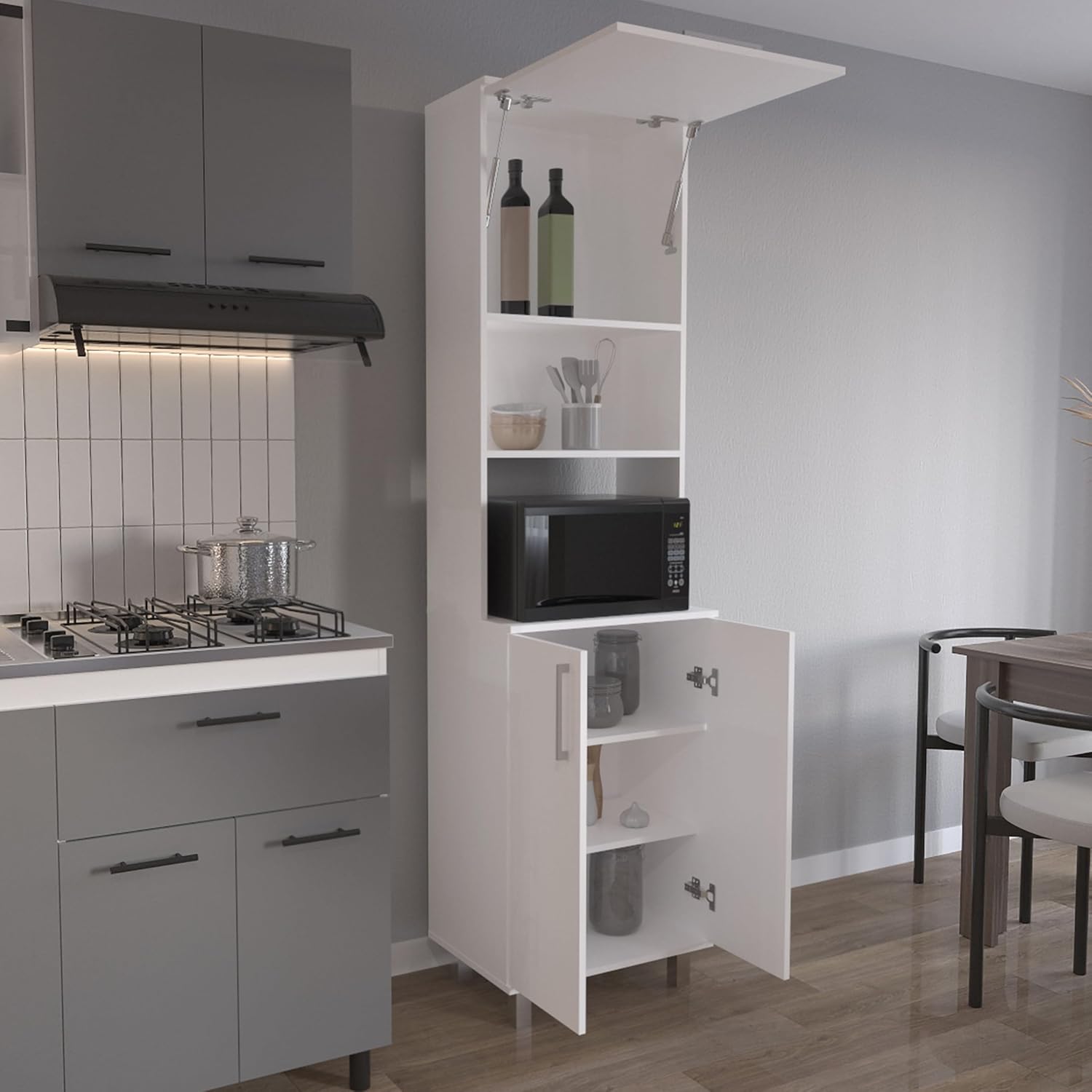 Tuhome Bombona 80" High Double Cabinet Kitchen Pantry with Six Spacious Shelves, Appliance Storage Hutch, Pull-Up Gas Spring Door, Large Base Cabinet for Kitchen, Garage, Laundry or Home Organization