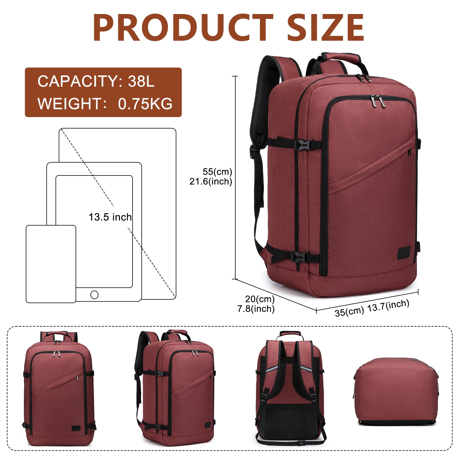 KONO Zaino da Viaggio Bagaglio a mano 55x20x35 Borsa da viaggio per Laptop(Rosso, 38L)