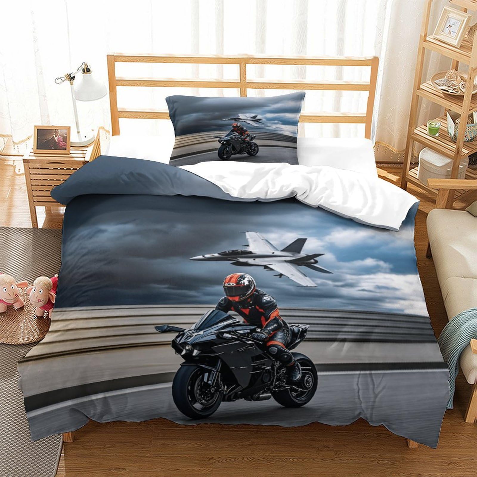 XiaopangXY Breathable Moto Racing Design Duvet Cover Set with Hidden Zipper Motorcycle Quilt Cover Set with Pillowcases Bedding Set Soft Microfiber Comforter Cover Single（135x200cm）