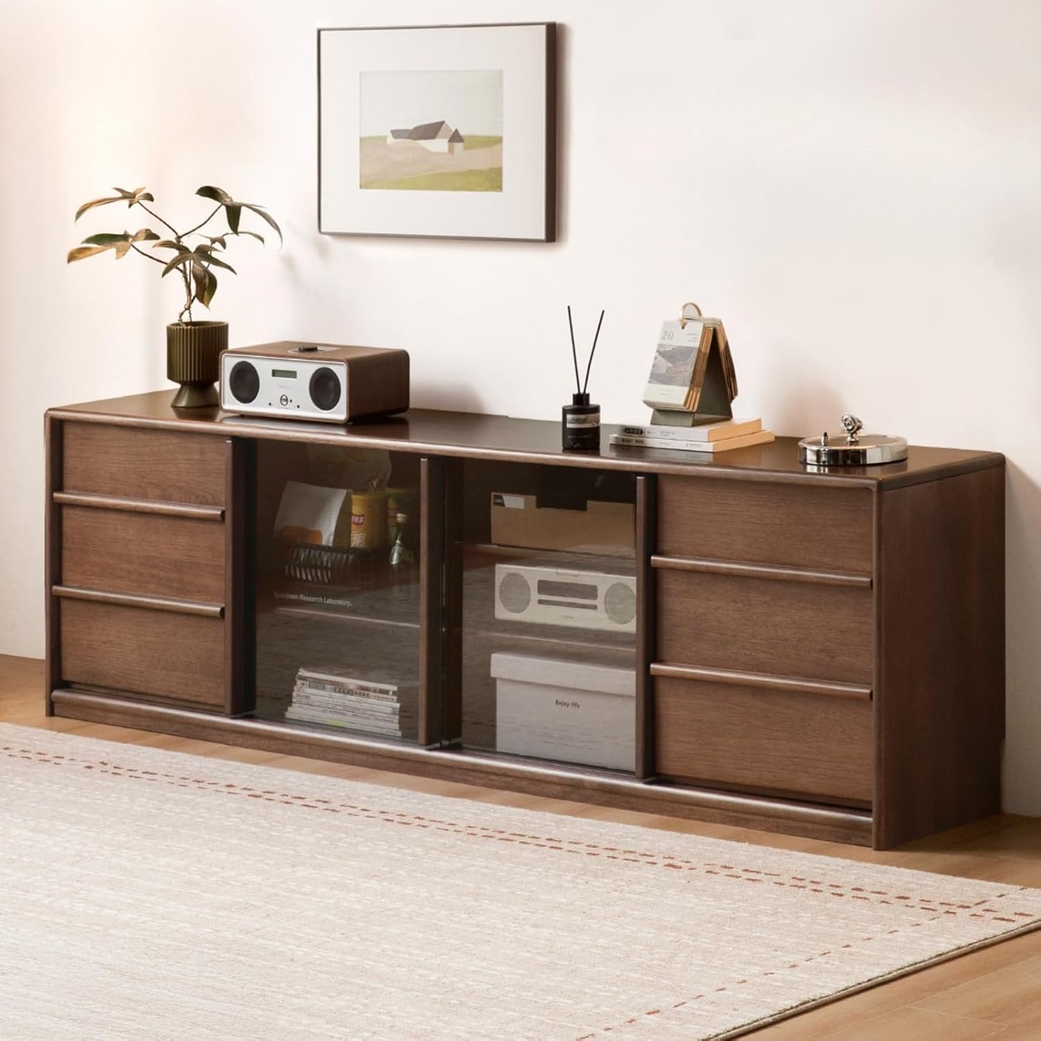 GVAwood Golden Sandalwood, Black Walnut, Oak Solid Wood TV Cabinet 86.6x13.8x23.6 inch / 220x35x60 cm/Rich Dark Walnut Color/Black Walnut TV Cabinet