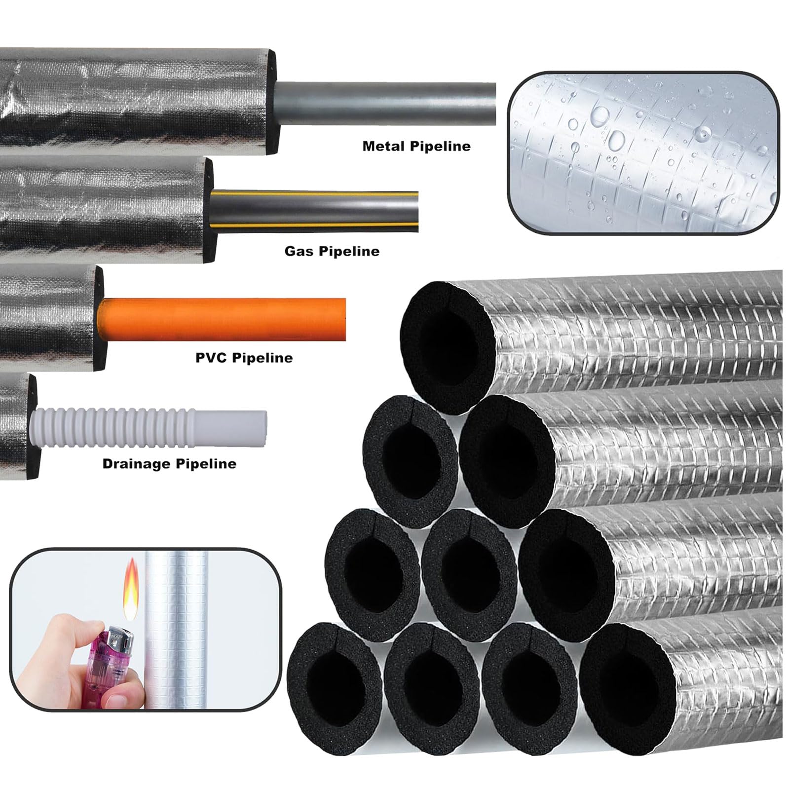Tubo Aire Acondicionado Coquilla de Aislamiento Térmico, Coquilla Aislante de Papel de Aluminio Autoadhesivo, Tubo Espuma Aislante (ID) 219mm x (T) 30mm x (L) 0.95m