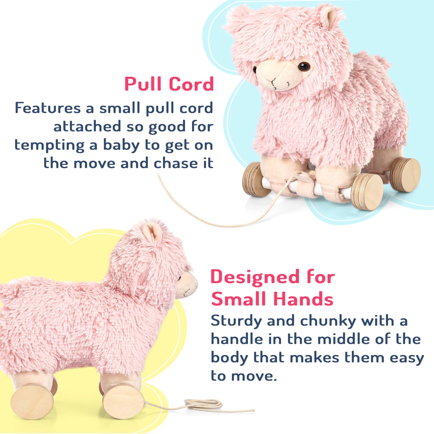 Bonfino Lama Plush Pull Toy |Pull Along Toy (1 Year+) with Attached String| Soft Pull Along Toy for Toddlers |Encourage Walking, Develop Hand-Eye Coordination & Motor Skills| Best Birthday Gift - Pink 3