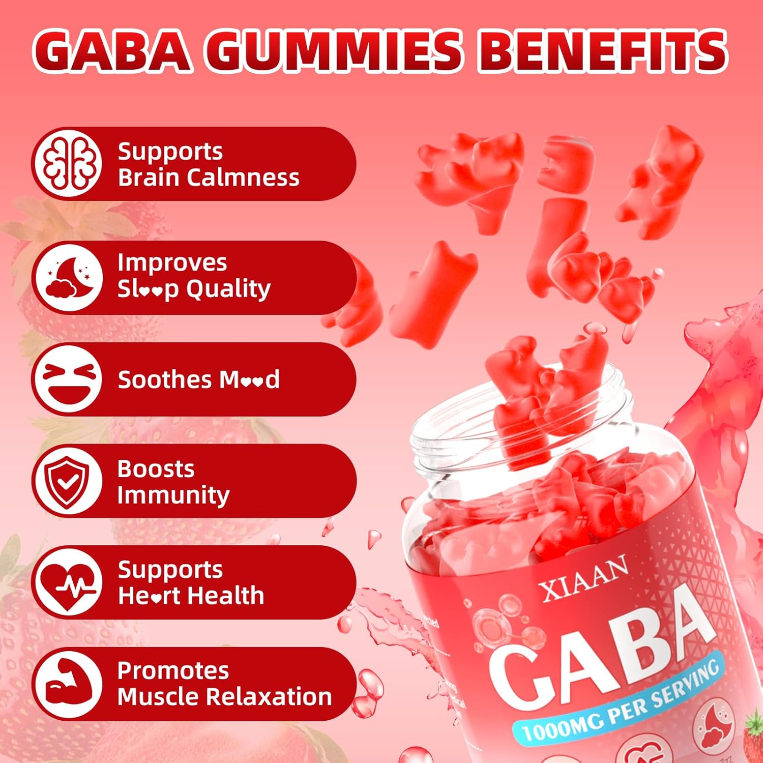 GABA Gummies 1000mg for Kids & Adults, Chewable GABA Supplements with L Theanine 5-HTP Ashwagandha Vitamins B6,B12,D3 for Calm & Zzz, Sugar-Free/Vegan, Strawberry Flavor 60 Count - Image 4