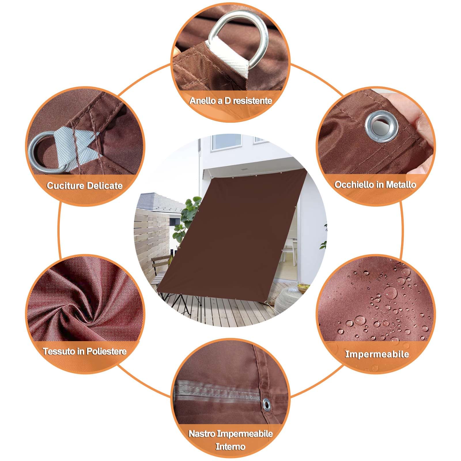 Tenda a Vela Impermeabile 1x2.6m, Tenda Parasole Resistente alle Intemperie Vela Sole Ombreggiante Varie Dimensioni per Giardino Balcone Terrazza - Cachi