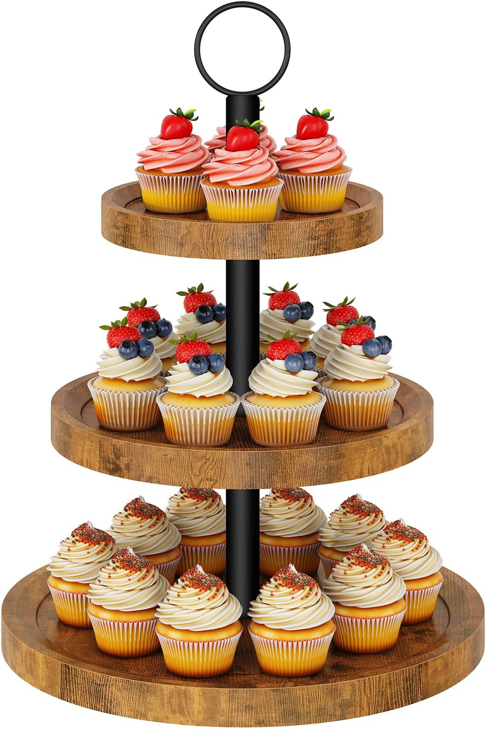 IBUYKE 3 Tier Round Cupcake Display Stand,Rustuc Brown TLJ029H