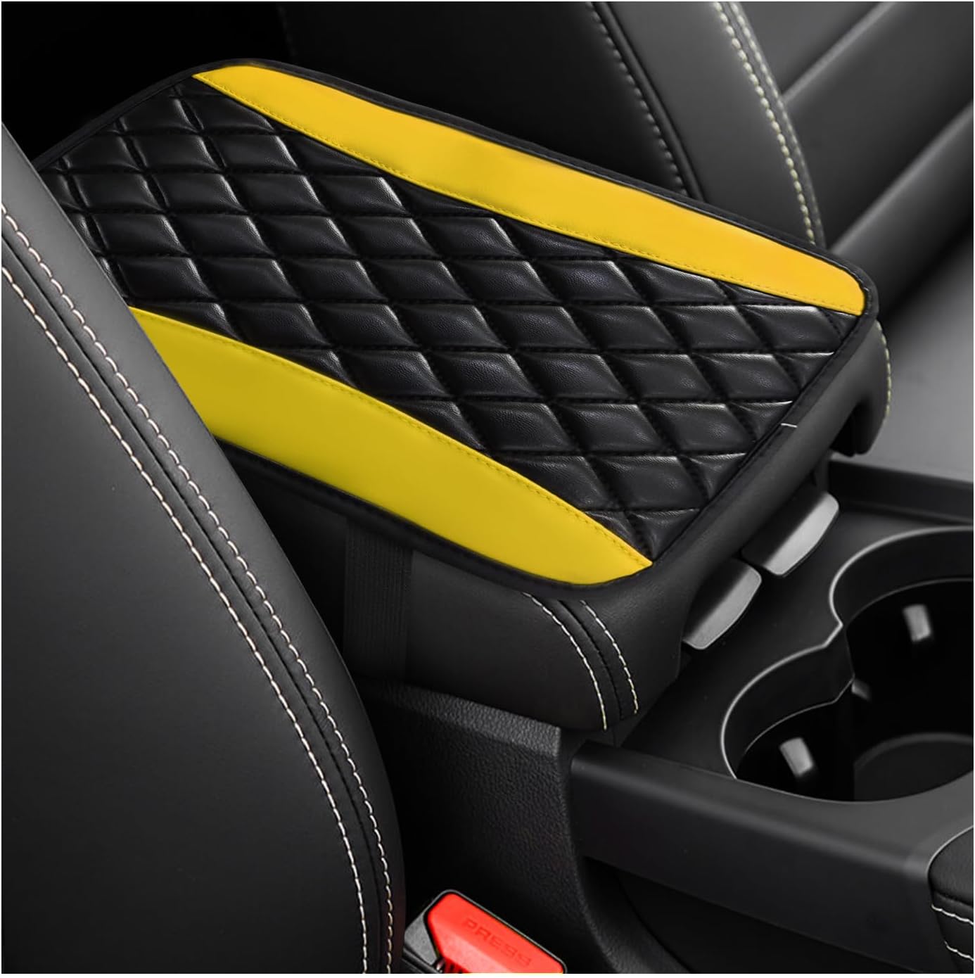 Car Center Console Cushion Pad, Universal Leather Waterproof Armrest Seat Box Cover, Comfortable Auto Armrest Cover Protector, Car Interior Decor Accessories for Most Vehicles (Black & Yellow)