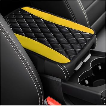 Dickno Car Center Console Cushion Pad, Universal Leather Waterproof Armrest Seat Box Cover, Comfortable Auto Armrest Cover Protector, Car Interior Decor Accessories for Most Vehicles Black & Yellow