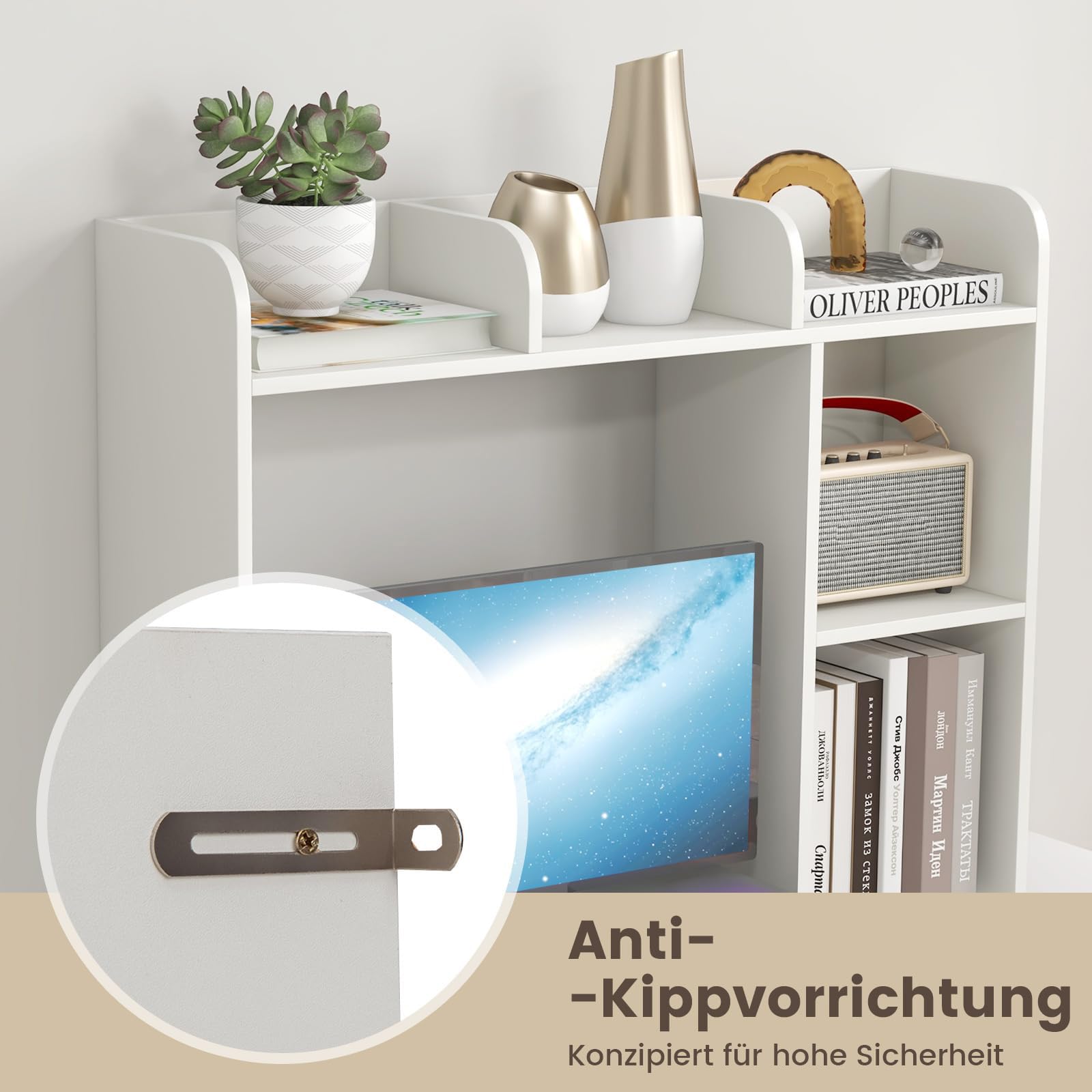 GOPLUS Schreibtischregal, Schreibtisch Bücherregal mit 5 offene Ablagen, Tischregal Desktop Organizer Regal für Büro & Arbeitszimmer, 94 x 25 x 74 cm (Weiß)